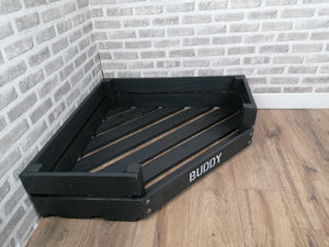 Personalised Slate Black Corner Wooden Dog Bed In Black/ Grey Check Fabric