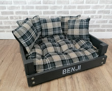 Load image into Gallery viewer, Personalised Slate Black Wooden Dog Bed In Black Check Fabric