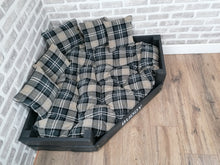 Load image into Gallery viewer, Personalised Slate Black Corner Wooden Dog Bed In Black/ Grey Check Fabric