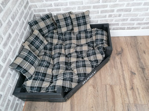 Personalised Slate Black Corner Wooden Dog Bed In Black/ Grey Check Fabric