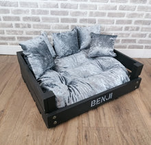Load image into Gallery viewer, Personalised Slate Black Wooden Dog Bed In Grey Crushed Velvet