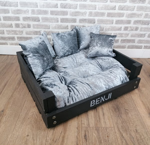 Personalised Slate Black Wooden Dog Bed In Grey Crushed Velvet