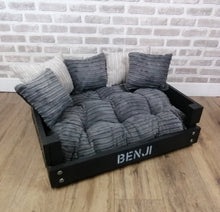 Load image into Gallery viewer, Personalised Slate Black Wooden Dog Bed In Grey Cord Fabric