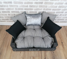 Load image into Gallery viewer, Personalised Slate Black Wooden Dog Bed In Grey/Black/Silver Fabric