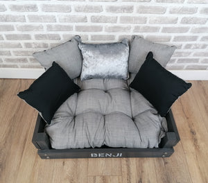 Personalised Slate Black Wooden Dog Bed In Grey/Black/Silver Fabric