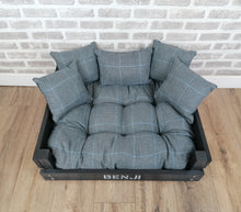 Load image into Gallery viewer, Personalised Slate Black Wooden Dog Bed In Grey Check Fabric