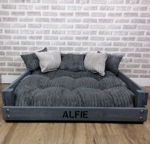 Personalised Rustic Grey Wooden Dog Bed In Grey Jumbo Cord Fabric