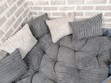 Load image into Gallery viewer, Personalised Grey Corner Wooden Dog Bed In Grey Jumbo Cord With Matching Cushions