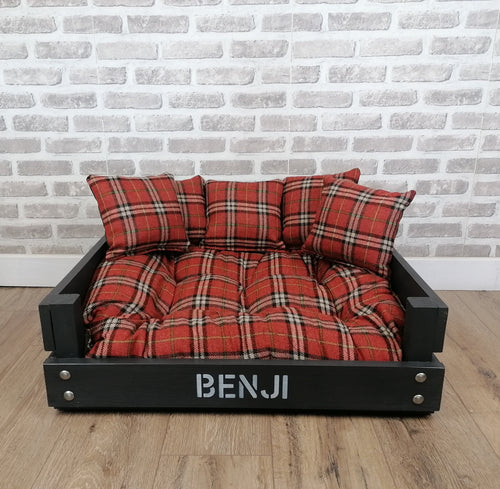 Personalised Slate Black Wooden Dog Bed In Orange Check Fabric