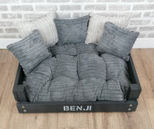 Load image into Gallery viewer, Personalised Slate Black Wooden Dog Bed In Grey Cord Fabric
