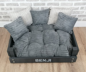Personalised Slate Black Wooden Dog Bed In Grey Cord Fabric