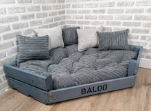 Load image into Gallery viewer, Personalised Grey Corner Wooden Dog Bed In Grey Jumbo Cord With Matching Cushions