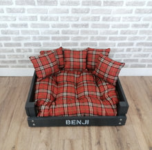 Load image into Gallery viewer, Personalised Slate Black Wooden Dog Bed In Orange Check Fabric