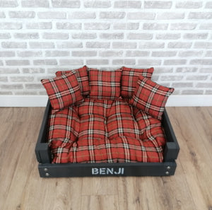 Personalised Slate Black Wooden Dog Bed In Orange Check Fabric