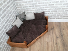 Load image into Gallery viewer, Personalised Rustic Wooden Corner Dog Bed In Brown Jumbo Cord With Matching Cushions