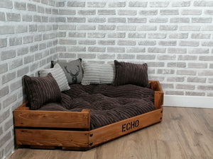 Personalised Rustic Wooden Corner Dog Bed In Brown Jumbo Cord With Matching Cushions
