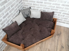Load image into Gallery viewer, Personalised Rustic Wooden Corner Dog Bed In Brown Jumbo Cord With Matching Cushions