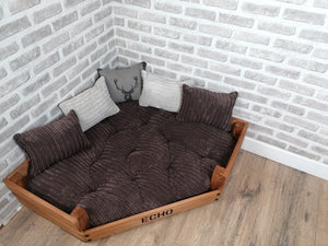 Personalised Rustic Wooden Corner Dog Bed In Brown Jumbo Cord With Matching Cushions