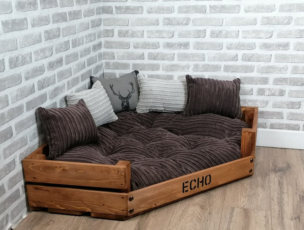 Personalised Rustic Wooden Corner Dog Bed In Brown Jumbo Cord With Matching Cushions