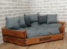 Load image into Gallery viewer, Personalised Rustic Wooden Corner Dog Bed In Grey Check Wool Feel Fabric