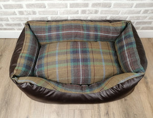 Brown Faux Leather Dog Bed With Wool Feel Fabric Inner Cushion