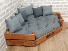 Load image into Gallery viewer, Personalised Rustic Wooden Corner Dog Bed In Grey Check Wool Feel Fabric