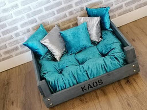 Personalised Rustic Wooden Dog Bed Sofa In Teal Crush Velvet