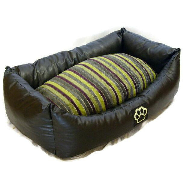 WASHABLE BLACK FAUX LEATHER/CHENILLE LARGE DOG BED PET BED DOGBED PETBED