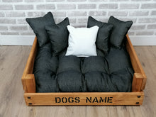 Load image into Gallery viewer, Personalised Rustic Wooden Dog Bed Sofa In Black And White
