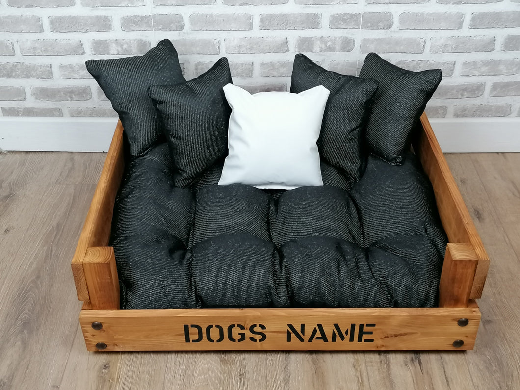 Personalised Rustic Wooden Dog Bed Sofa In Black And White