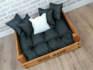 Personalised Rustic Wooden Dog Bed Sofa In Black And White