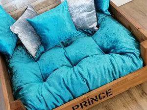 Personalised Rustic Wooden Dog Bed Sofa In Teal Crush Velvet