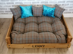 Personalised Rustic Wooden Dog Bed In medium oak wood stain -Brown and Teal check fabric