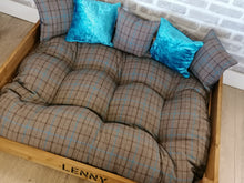 Load image into Gallery viewer, Personalised Rustic Wooden Dog Bed In medium oak wood stain -Brown and Teal check fabric