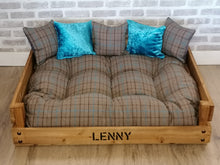 Load image into Gallery viewer, Personalised Rustic Wooden Dog Bed In medium oak wood stain -Brown and Teal check fabric