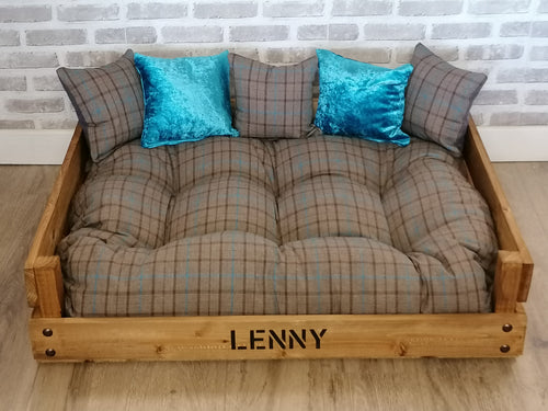 Personalised Rustic Wooden Dog Bed In medium oak wood stain -Brown and Teal check fabric