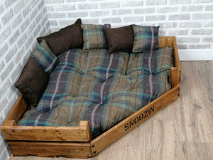 Personalised Rustic Wooden Corner Dog Bed In Multi Coloured Wool Feel Fabric