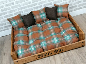 Personalised Rustic Wooden Dog Bed In medium oak wood -Brown Check Wool Feel Fabric