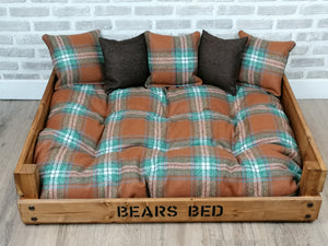 Personalised Rustic Wooden Dog Bed In medium oak wood -Brown Check Wool Feel Fabric