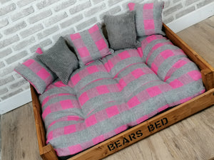 Personalised Rustic Wooden Dog Bed In medium oak wood -Pink Check Wool Feel Fabric