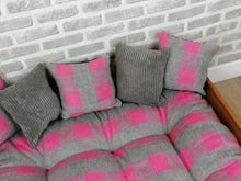 Load image into Gallery viewer, Personalised Rustic Wooden Dog Bed In medium oak wood -Pink Check Wool Feel Fabric
