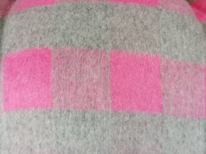 Personalised Rustic Wooden Dog Bed In medium oak wood -Pink Check Wool Feel Fabric