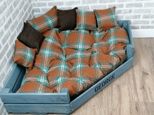 Load image into Gallery viewer, Personalised Grey Corner Wooden Dog Bed In Brown Check Wool Feel Fabric