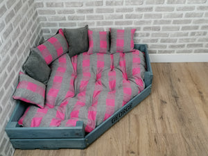 Personalised Grey Corner Wooden Dog Bed In Pink/ Grey Wool Feel Fabric