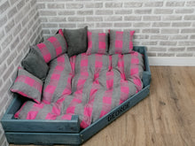 Load image into Gallery viewer, Personalised Grey Corner Wooden Dog Bed In Pink/ Grey Wool Feel Fabric