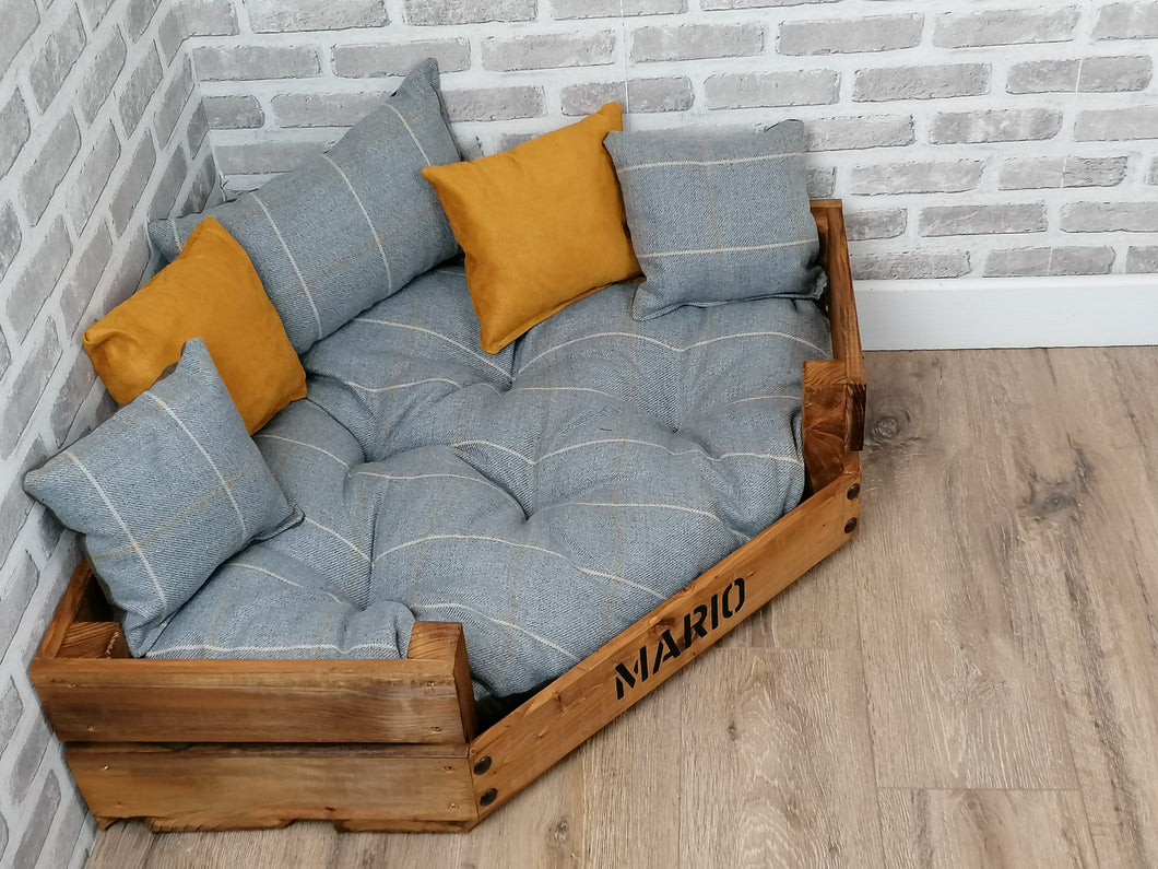 Personalised Rustic Wooden Corner Dog Bed In Grey/ Mustard Upholstery Fabric