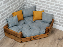 Load image into Gallery viewer, Personalised Rustic Wooden Corner Dog Bed In Grey/ Mustard Upholstery Fabric
