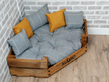 Load image into Gallery viewer, Personalised Rustic Wooden Corner Dog Bed In Grey/ Mustard Upholstery Fabric