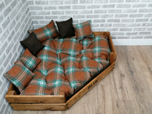 Load image into Gallery viewer, Personalised Rustic Wooden Corner Dog Bed In Brown Check Wool Feel Fabric