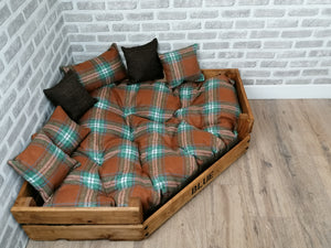 Personalised Rustic Wooden Corner Dog Bed In Brown Check Wool Feel Fabric